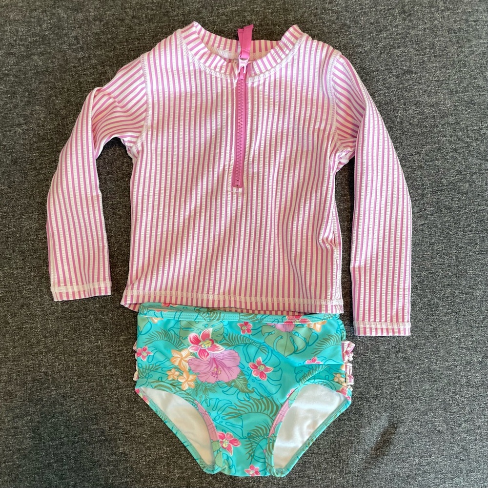 Ruffle Butts Pink Striped and Floral Kids Rashguard Set